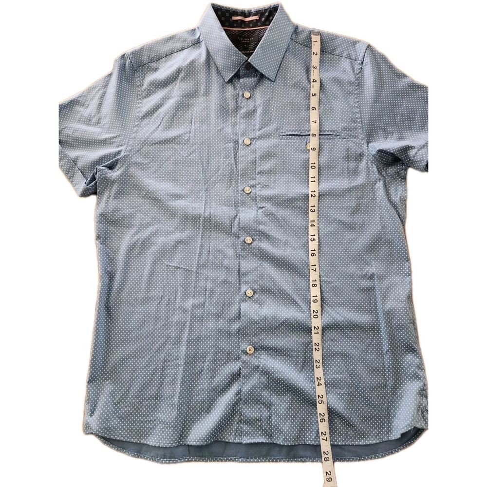 Ted Baker Short Sleeve Blue White Polka Dot Button Up Shirt Stretch Casual Sz 4 - Picture 8 of 8